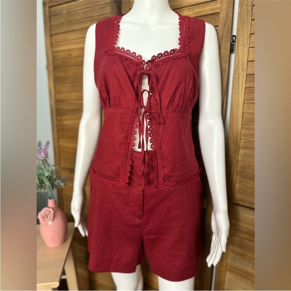 Burgundy short set with tie front top